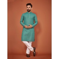 PRSANG LUCKHNOWI EMBROIDERY CHIKANKARI KURTA PYJAMA SHINE GREEN|WHITE