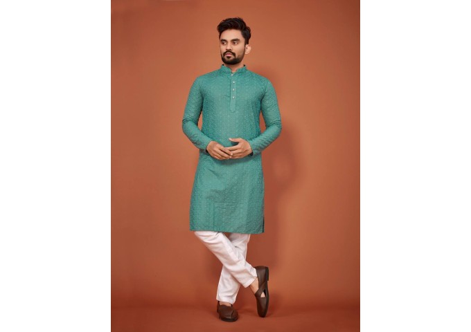 PRSANG LUCKHNOWI EMBROIDERY CHIKANKARI KURTA PYJAMA SHINE GREEN|WHITE