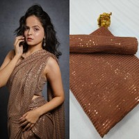 3MM Sequins Design Embroidery Saree Brown