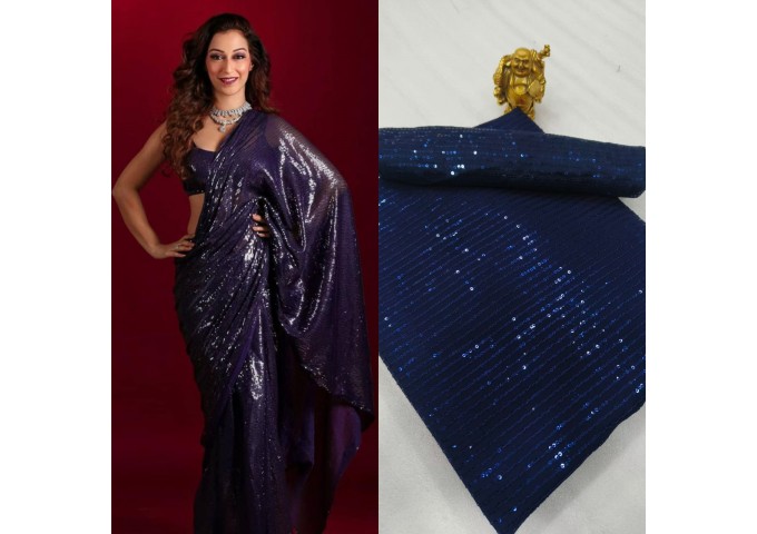 3MM Sequins Design Embroidery Saree Blue