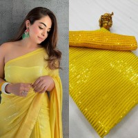3MM Sequins Design Embroidery Saree Yellow