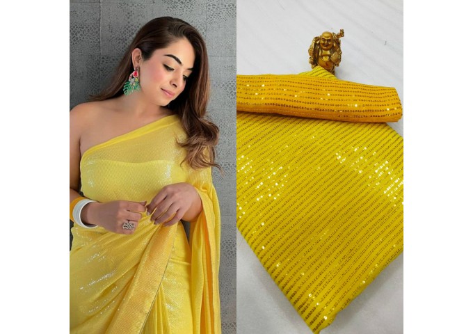 3MM Sequins Design Embroidery Saree Yellow