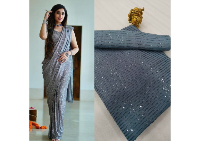 3MM Sequins Design Embroidery Saree Grey