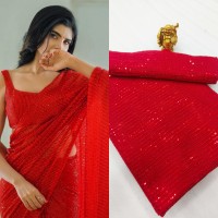 3MM Sequins Design Embroidery Saree Red
