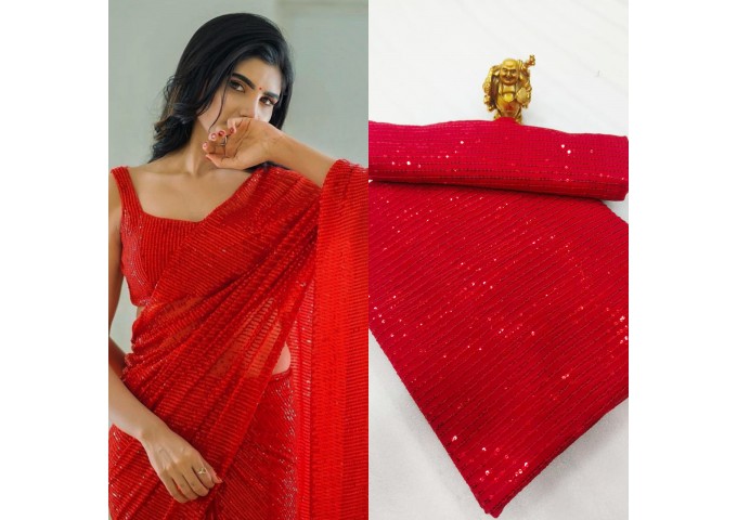 3MM Sequins Design Embroidery Saree Red