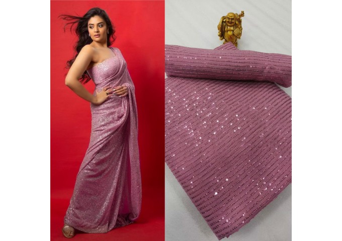 3MM Sequins Design Embroidery Saree Pink 2