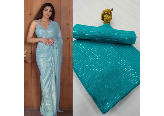 3MM Sequins Design Embroidery Saree Shine Blue