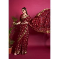 BT-1144 GEORGETTE EMBROIDERY SEQUENCE WORK SAREE RED