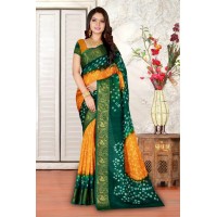 Bandhani Saree Pavitra Kaveri Art Silk With Zari Waving Saree Green|Yellow