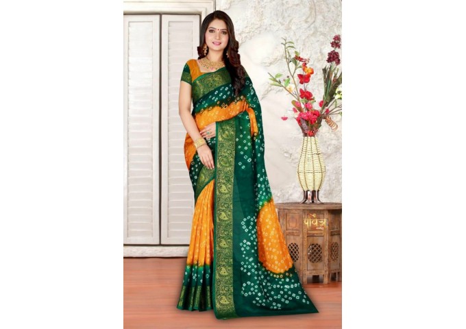 Bandhani Saree Pavitra Kaveri Art Silk With Zari Waving Saree Green|Yellow