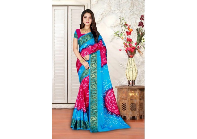 Bandhani Saree Pavitra Kaveri Art Silk With Zari Waving Saree Blue|Pink