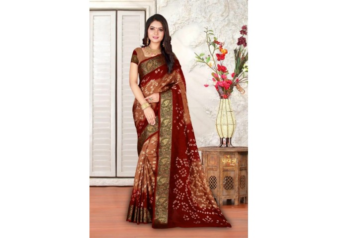 Bandhani Saree Pavitra Kaveri Art Silk With Zari Waving Saree Brown