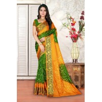 Bandhani Saree Pavitra Kaveri Art Silk With Zari Waving Saree Green|Yellow 2