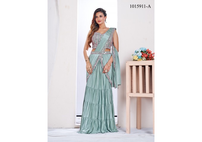 Imported Lycra Fully Stitched skirt saree and Stitched mirror and Resham Handwork Blouse Saree Green
