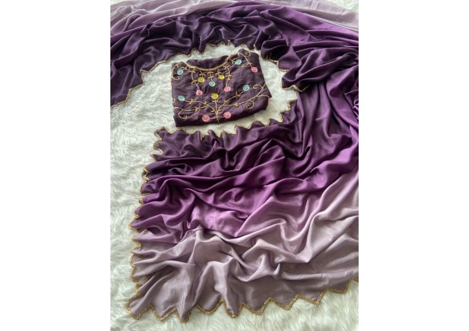 SOFT CHINON HANDWORK SAREE WITH RICH FLOWER  CUT DANA WORK SAREE SHINE PURPLE