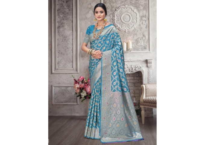 Bunawat Rajtilak Silk Saree Sky Blue
