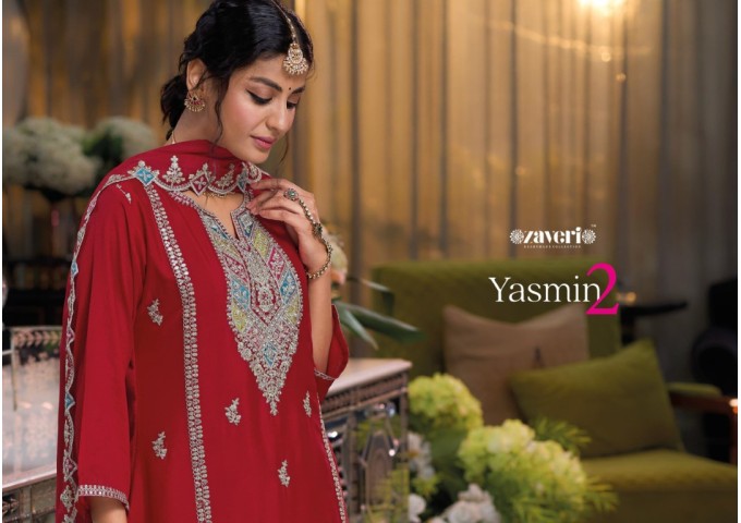 Yasmine Vol-2 Heavy Chinon with  Embroidery Work Suits Red