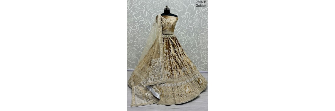 Golden Bridal Velvet Lehenga Choli